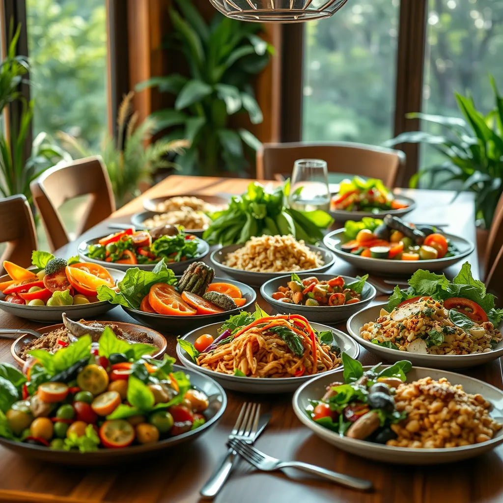 A vibrant, health-focused dinner table setting featuring a variety of colorful, organic dishes made from local ingredients. Include plates of salads, whole grains, and plant-based proteins, surrounded by greenery and natural light, representing a sustainable lifestyle.