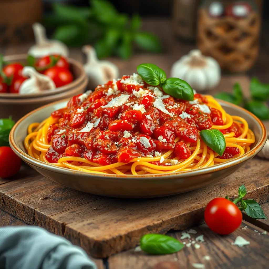 A vibrant plate of spaghetti topped with rich tomato sauce, sprinkled with fresh basil and shaved Parmesan cheese. The background features rustic Italian kitchen elements, like a wooden table, and ingredients such as garlic and cherry tomatoes.