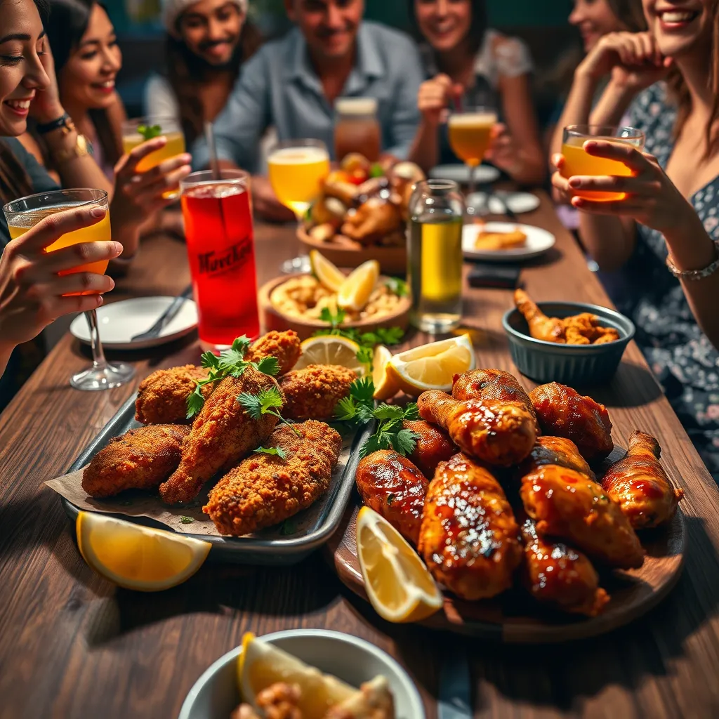 A vibrant table setting featuring a sharing platter with both Crispy Chicken Caesar Cutlet and Hot Honey Chicken Tenders, garnished with fresh herbs and lemon wedges, surrounded by a group of friends enjoying a lively meal, with colorful drinks in hand.