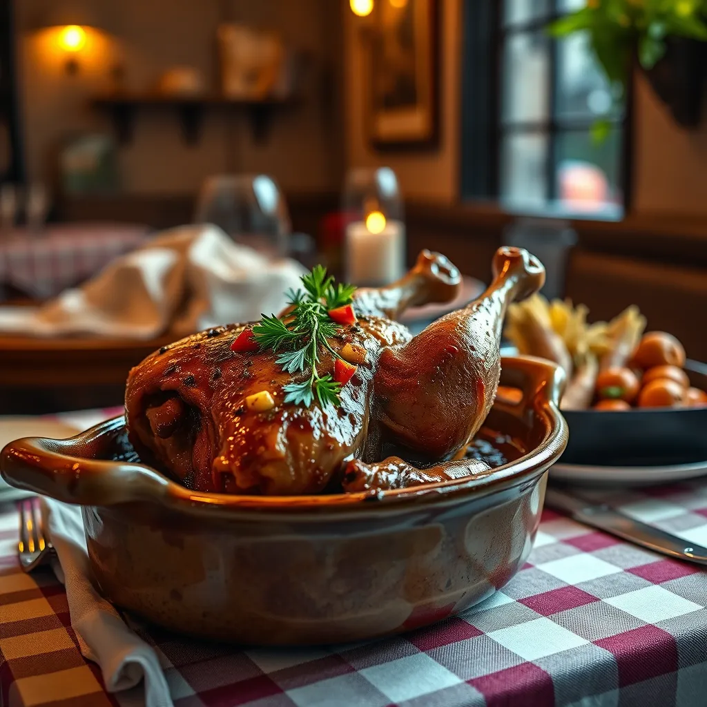 An artistic display of Coq au Vin in a rustic ceramic dish, garnished with fresh herbs and accompanied by a side of ratatouille. The scene is set in a cozy French bistro with warm lighting and a checked tablecloth.