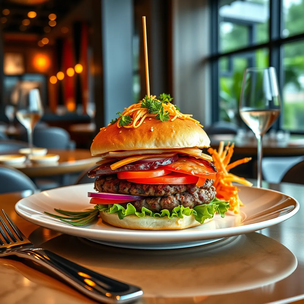 An artistic representation of a fusion dish on a sleek, modern plate, showcasing a blend of traditional Western and Asian ingredients, like a sushi-inspired burger. Surround it with elegant cutlery and a stylish restaurant ambiance, highlighting culinary creativity.