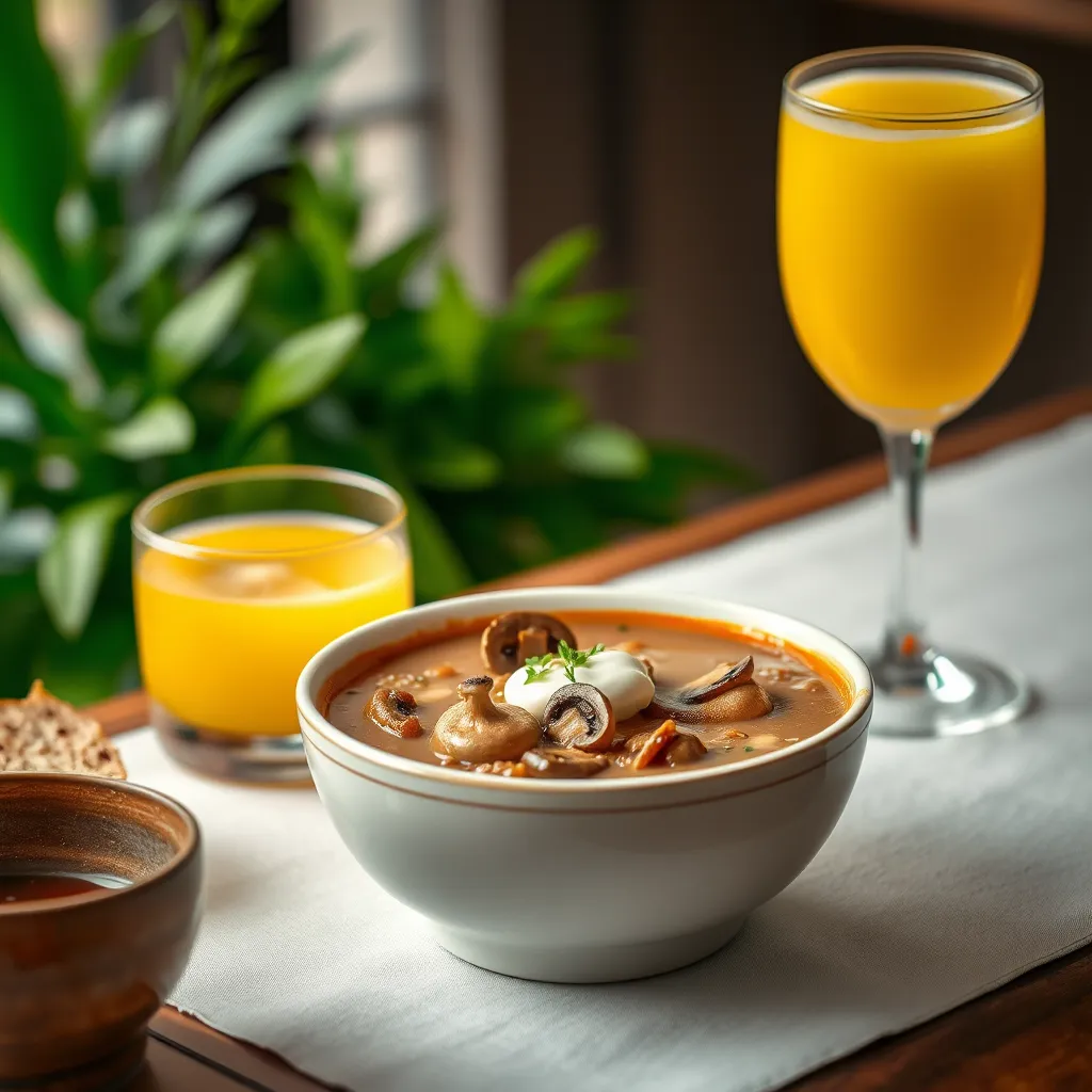 An elegantly styled dining table featuring a bowl of luscious mushroom soup with a dollop of sour cream and a glass of bright citrus juice. The background features soft, blurred greenery, enhancing the fresh and natural theme of the meal.