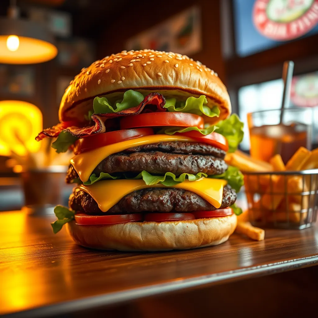 An enticing, ultra-high quality image of a classic Western burger, towering with a perfectly grilled beef patty, melted cheddar cheese, fresh lettuce, sliced tomatoes, and crispy bacon nestled between fluffy, sesame-seed buns. Soft, warm lighting casts a golden hue on the burger, accentuating its textures and colors. The camera is positioned at an eye-level angle, highlighting the layers and details of the burger as if inviting the viewer to take a bite. The setting includes a polished wooden table adorned with a side of crispy fries in a metal basket and a glass of refreshing soda, culminating in a nostalgic diner vibe. The mood is lively and inviting, crafted in hyperrealistic detail with a focus on gourmet presentation, rendered in 8K resolution.
