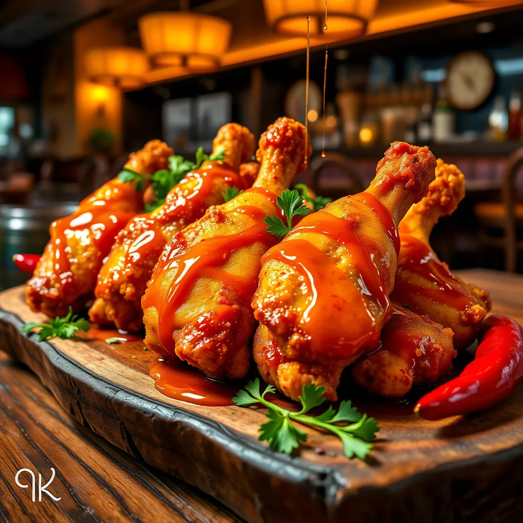 An enticing image of golden-brown chicken tenders drizzled with hot honey glaze, served on a rustic wooden platter, with fresh herbs and chili peppers for decoration, in a warm and inviting restaurant setting.