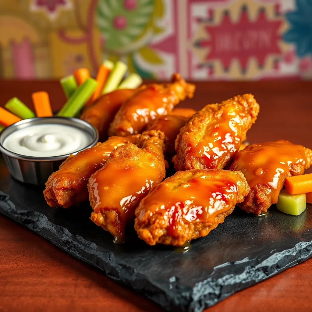 An enticing serving of Hot Honey Chicken Tenders arranged on a slate platter, each tender glistening with a honey glaze, alongside a small bowl of creamy ranch dressing, garnished with sliced celery and carrot sticks, against a colorful backdrop.