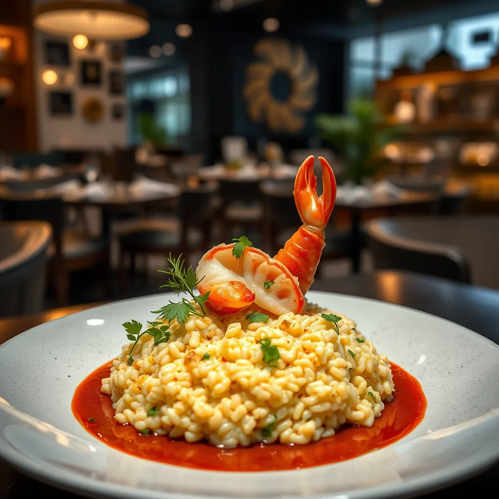 An exquisite dish displaying fusion cuisine, featuring creamy risotto infused with local spices, garnished with fresh herbs and seafood. The presentation should be artistic, highlighting the blend of Western style with Eastern elements. The background should include elements of a stylish Kluang restaurant.
