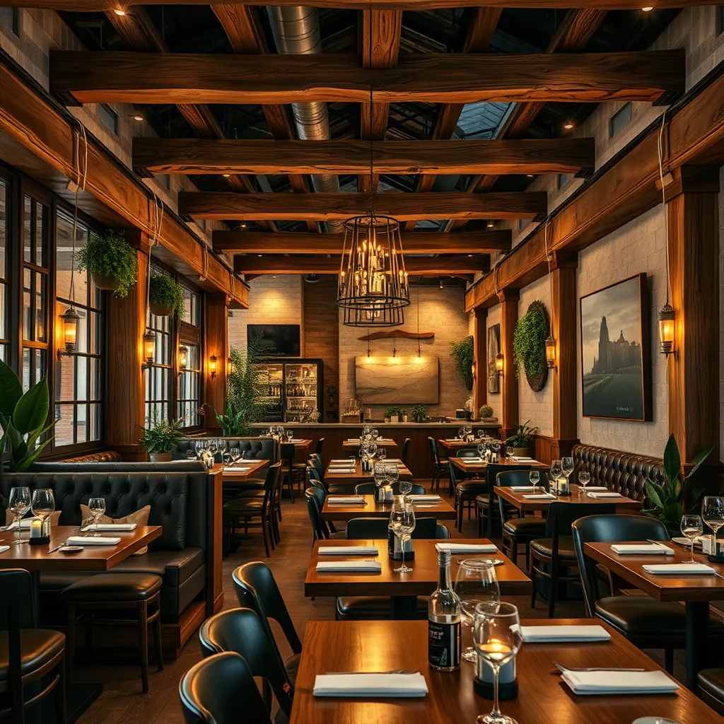 An intimate dining space showcasing a blend of rustic and modern decor, with wooden beams, warm lighting, and comfortable seating, adorned with decorative plants and art, creating a welcoming atmosphere for guests.