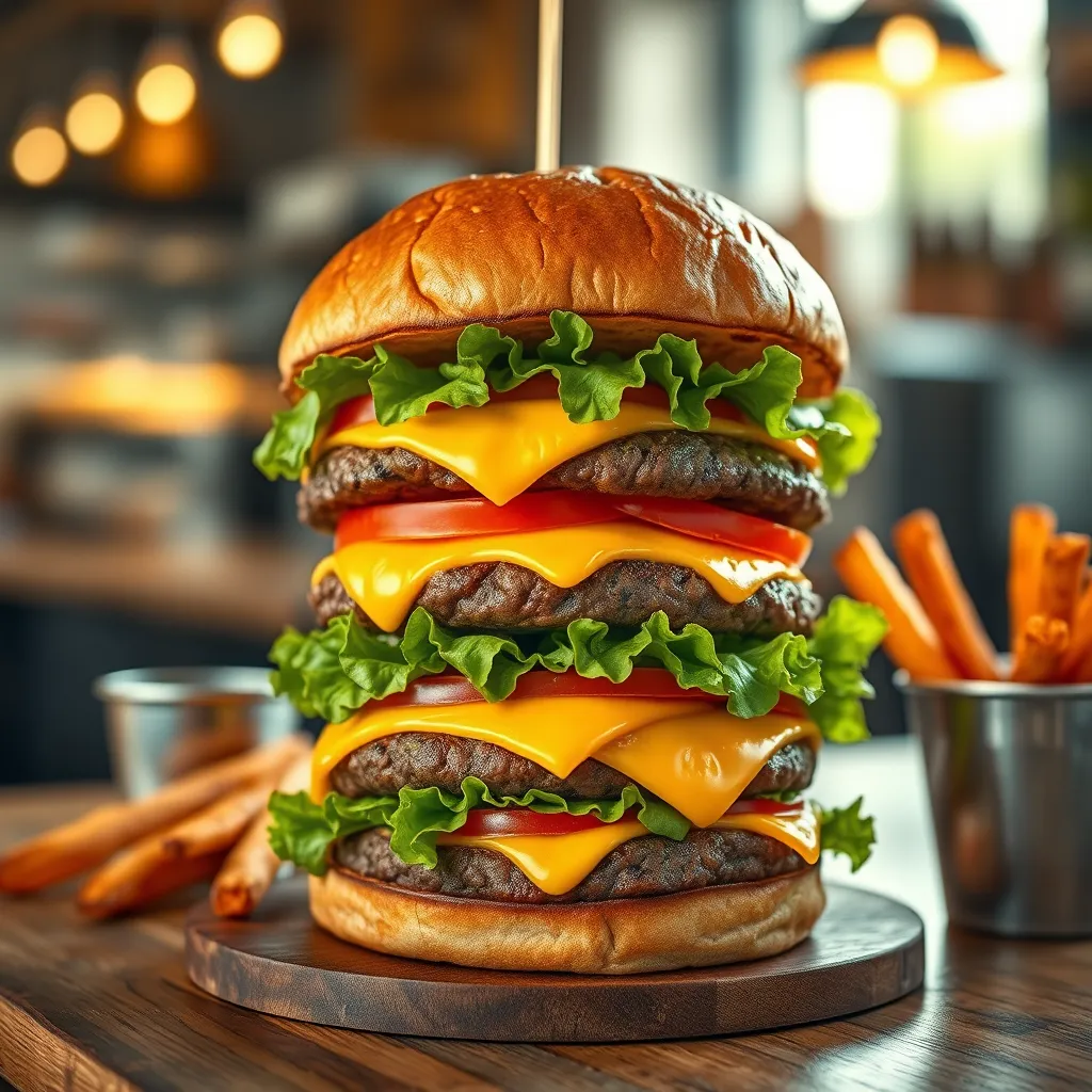 Create a photorealistic image of a gourmet burger stacked high with a juicy beef patty, melted cheddar cheese, crisp lettuce, juicy tomato slices, and a dollop of special sauce, nestled in a toasted brioche bun. The burger is placed on a rustic wooden table with a side of sweet potato fries in a small metal cup. Soft diffused lighting highlights the rich colors and textures of the ingredients, creating a warm, inviting mood. Capture the image from a slightly elevated angle to emphasize the towering height of the burger, while the background is softly blurred with the hint of a busy kitchen atmosphere. The lighting should reflect a late afternoon glow, enhancing the appetizing appearance of the dish. Aim for hyperrealistic detail in 8K resolution, focusing on the glossy finish of the cheese and the freshness of the vegetables.