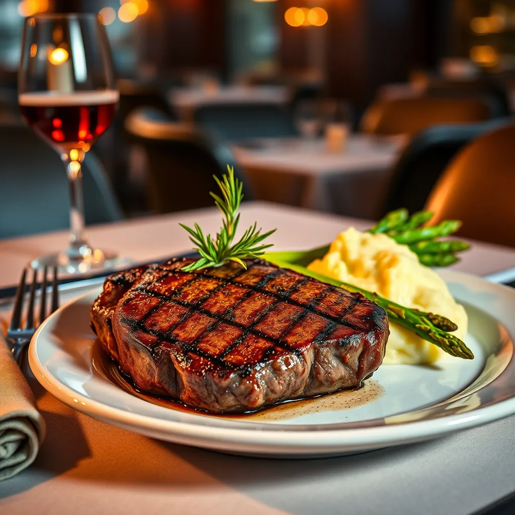 Create a vivid, photorealistic image of an exquisite steak dinner featuring a perfectly seared ribeye steak positioned on a white porcelain plate. The steak should show caramalized grill marks and glisten with juice, topped with a sprig of fresh rosemary and served alongside roasted asparagus and garlic mashed potatoes. The setting is a beautifully laid dining table with elegant cutlery and a soft linen napkin. Use dramatic side lighting to highlight the textures of the steak and sides, casting elegant shadows and creating depth. The color palette should emphasize rich reds of the steak, vibrant greens of asparagus, and creamy whites of the potatoes, evoking an upscale dining experience. Capture the scene from a close-up angle to focus on the succulent details of the meal, with a blurred warm ambiance of a candle-lit restaurant in the background. The final output should be in ultra-detailed 8K resolution, creating an irresistibly appetizing appearance.