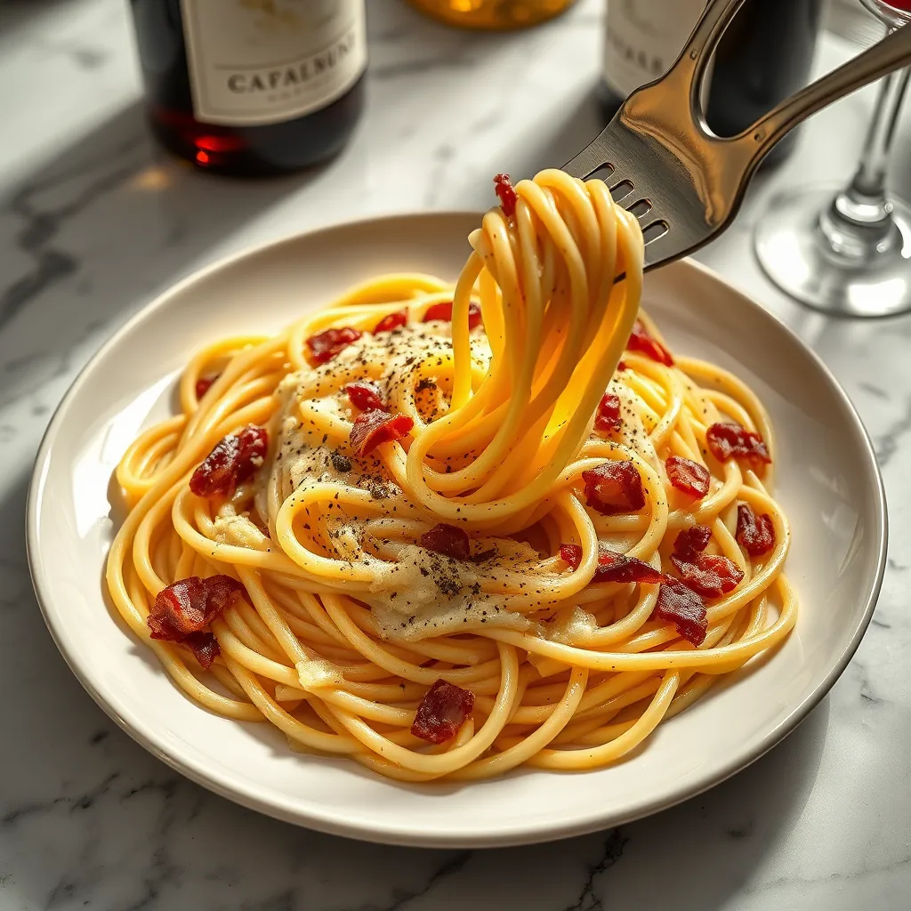 Generate an ultra-detailed image of a plate of classic spaghetti carbonara, featuring perfectly cooked pasta coated in a rich, creamy sauce, flecked with crispy pancetta bits and garnished with freshly grated Pecorino Romano cheese. The plate is elegantly arranged on a marble countertop, with a sprinkle of cracked black pepper on top. Use soft dramatic side lighting to create shadows that accentuate the creamy texture of the sauce and the sheen of the pasta, giving a luxurious feel. The color palette should include creamy whites, golden yellows, and deep browns, evoking a sense of traditional Italian warmth. Capture the scene from a slightly overhead angle to include a vintage fork twirling the spaghetti, with an Italian wine bottle and glass subtly blurred in the background, enhancing the dining experience. The final composition should be hyperrealistic, reflecting the fine details of each ingredient in 8K resolution.