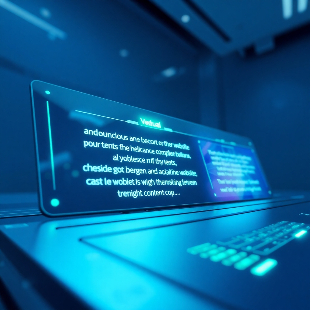 A close-up, hyperrealistic image, rendered in 8K, of a futuristic-looking AI interface displaying various text-based content creation tools. The lighting is cool, emphasizing the technological elements, yet still inviting. The color scheme features deep blues and soft greens, reflecting innovation and reliability. The interface is elegantly designed, featuring clean lines and smooth surfaces. The camera perspective is slightly tilted to give a dynamic feel. The materials depicted are sleek glass, polished metal, and glowing holographic elements. The environment is a sterile, high-tech studio, suggesting advanced technology. The style references a blend of cyberpunk aesthetics and minimalistic design, akin to the work of Syd Mead. The image should project a feeling of efficiency, innovation, and creative potential. The text displayed on the screen showcases snippets of compelling website copy and social media captions.