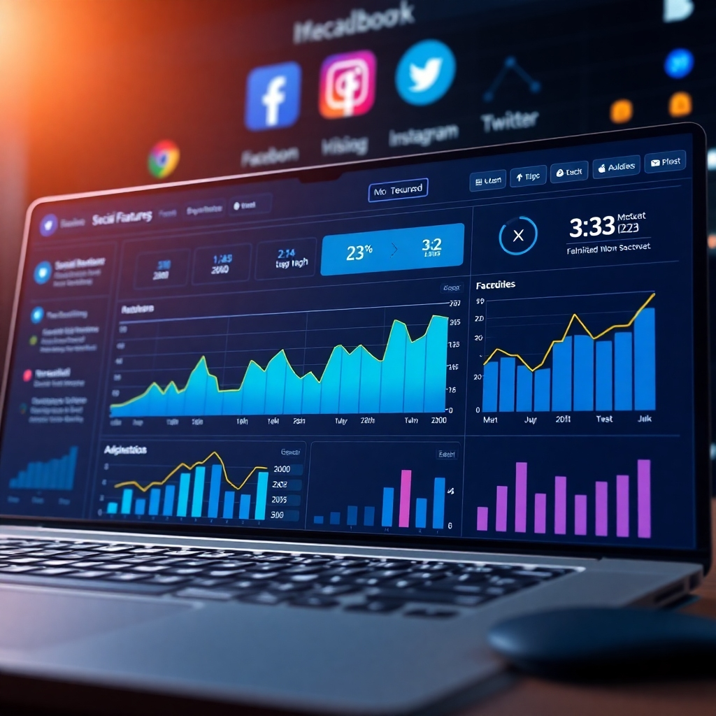 A photorealistic image depicting a social media dashboard with AI-powered features prominently displayed.  Show graphs and charts indicating successful engagement and reach.  In the background, subtly show various social media platforms like Facebook, Instagram, and X (formerly Twitter). The image should convey automation and efficiency in social media management.