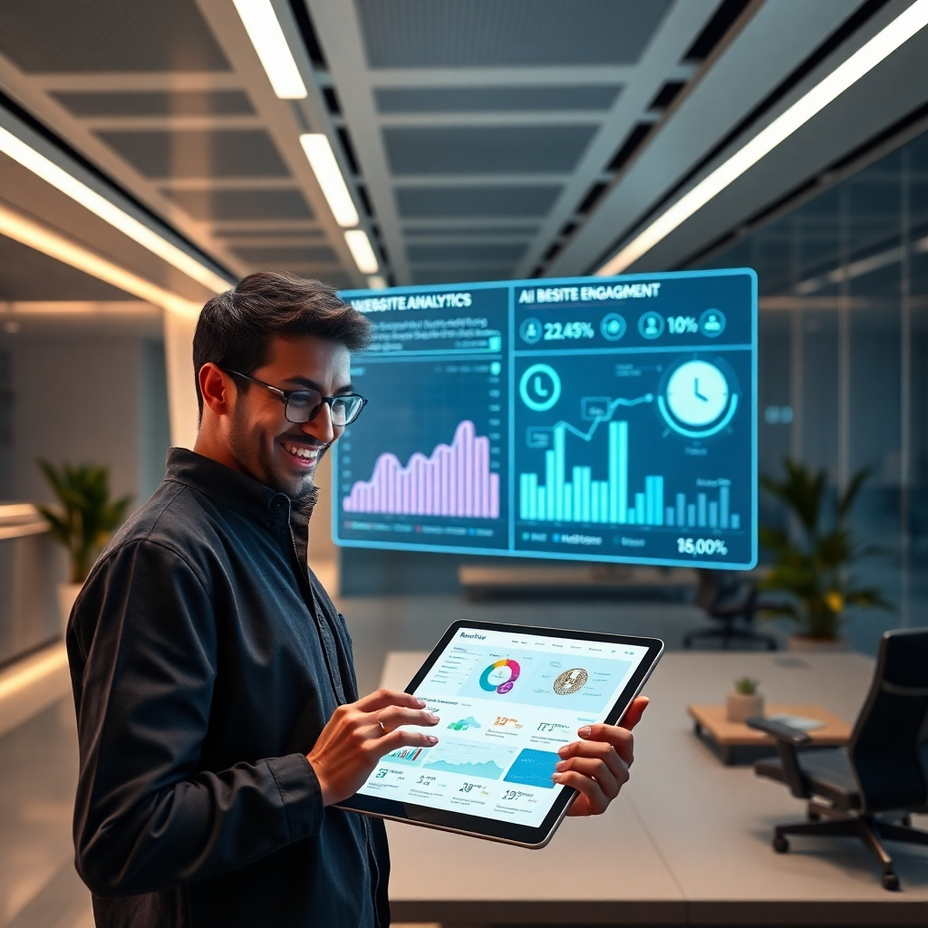  A photorealistic image depicting a futuristic, sleek office space with a holographic projection showing website analytics and social media engagement metrics. In the foreground, a person smiles, looking at a tablet displaying AI-powered website design tools. The overall mood should be one of efficiency and ease.