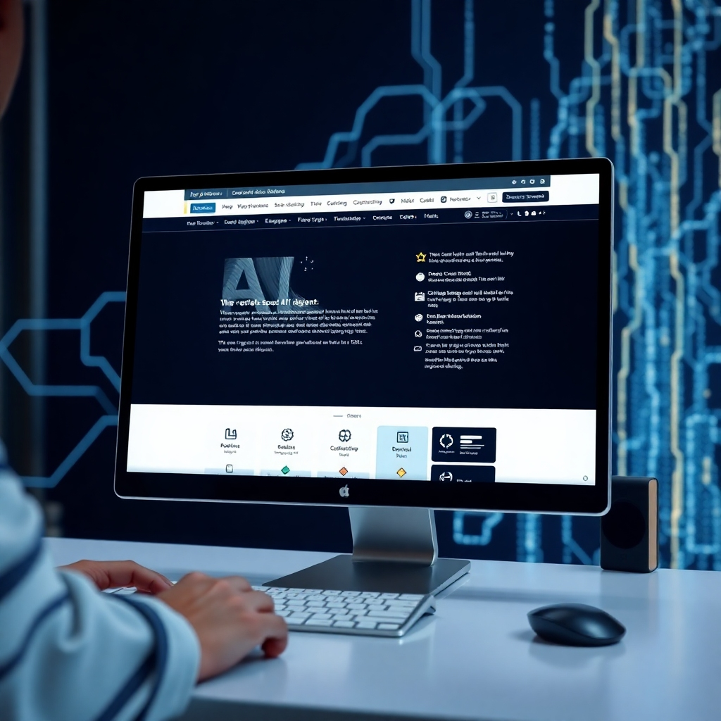 A photorealistic image of a clean, modern website interface being designed on a computer screen, with glowing AI code lines subtly visible in the background, showcasing intuitive design tools and options.  Focus on ease of use and efficiency.