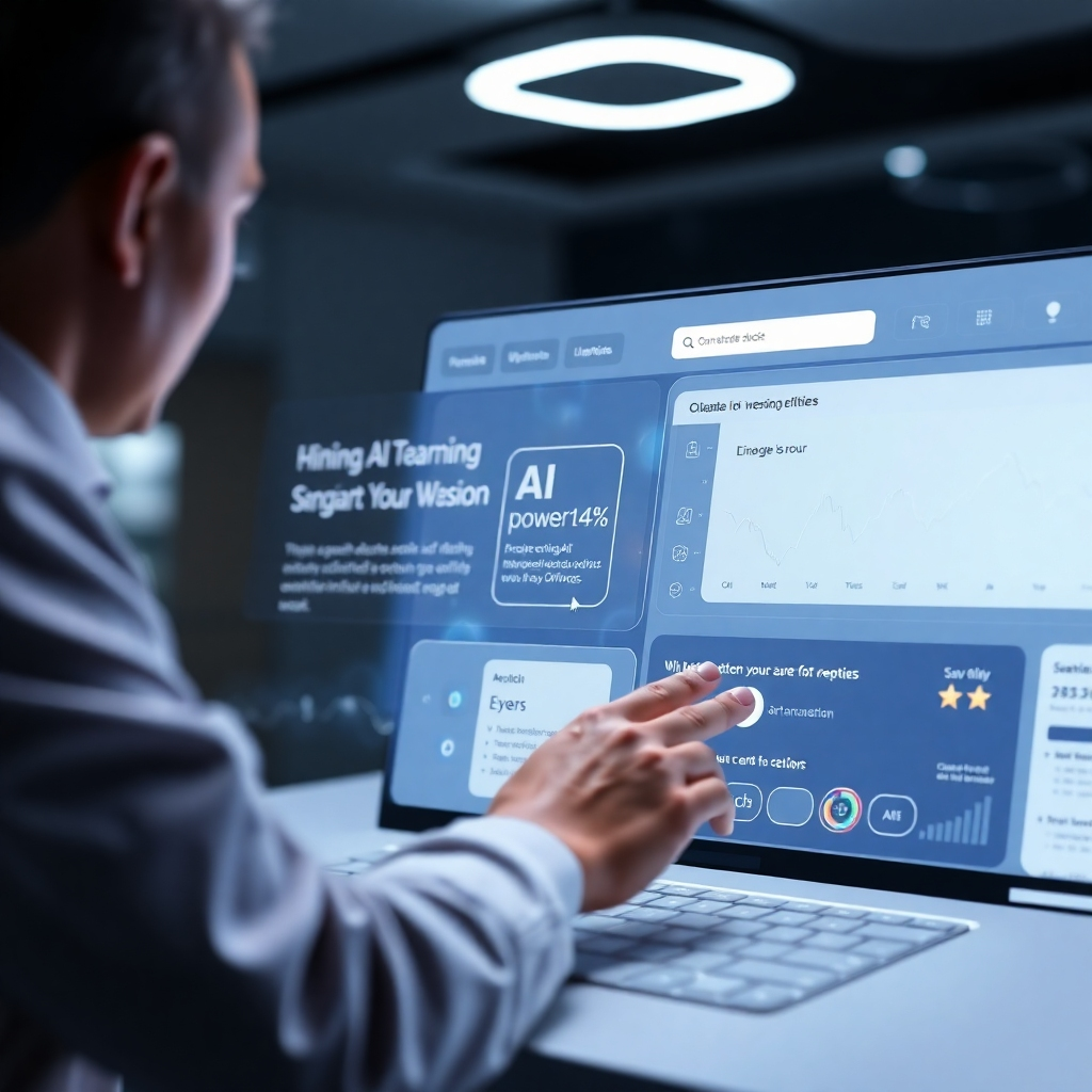 A photorealistic image of a clean, modern website design interface with AI-powered tools and options clearly visible. Show a user easily interacting with the design elements, with a subtle futuristic glow highlighting the AI features. The overall tone should be one of ease and efficiency.