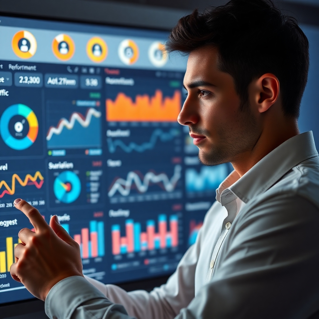  A photorealistic image of a dashboard displaying key performance indicators (KPIs) related to website traffic, social media engagement, and user behavior. The data should be presented visually in an easy-to-understand manner, with clear trends and insights highlighted. A person should be seen analyzing the data, looking thoughtful and confident.