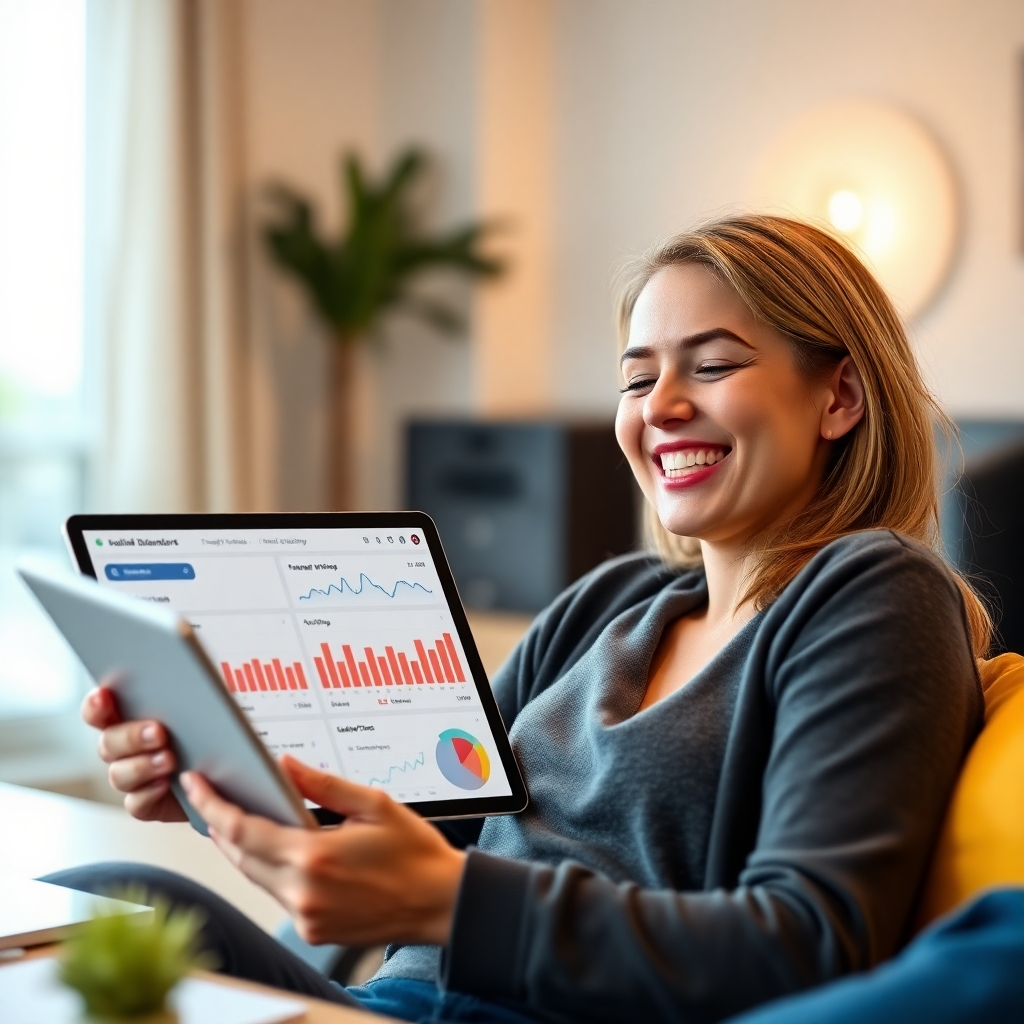 A photorealistic image of a person smiling and relaxed while looking at a tablet showcasing a social media management dashboard with automated posting schedules and engagement analytics. The background should suggest a relaxed and productive work environment.  The emphasis should be on time saving and increased efficiency.