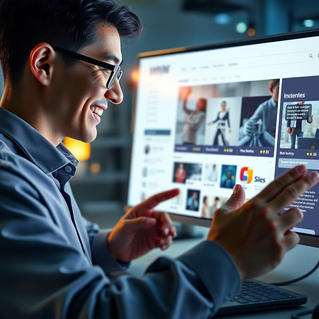 A photorealistic image of a user interacting with a website that dynamically adapts to their preferences. The interface should be clean and intuitive, with personalized content elements clearly visible. The user should look happy and engaged. The background could subtly hint at AI processing data.