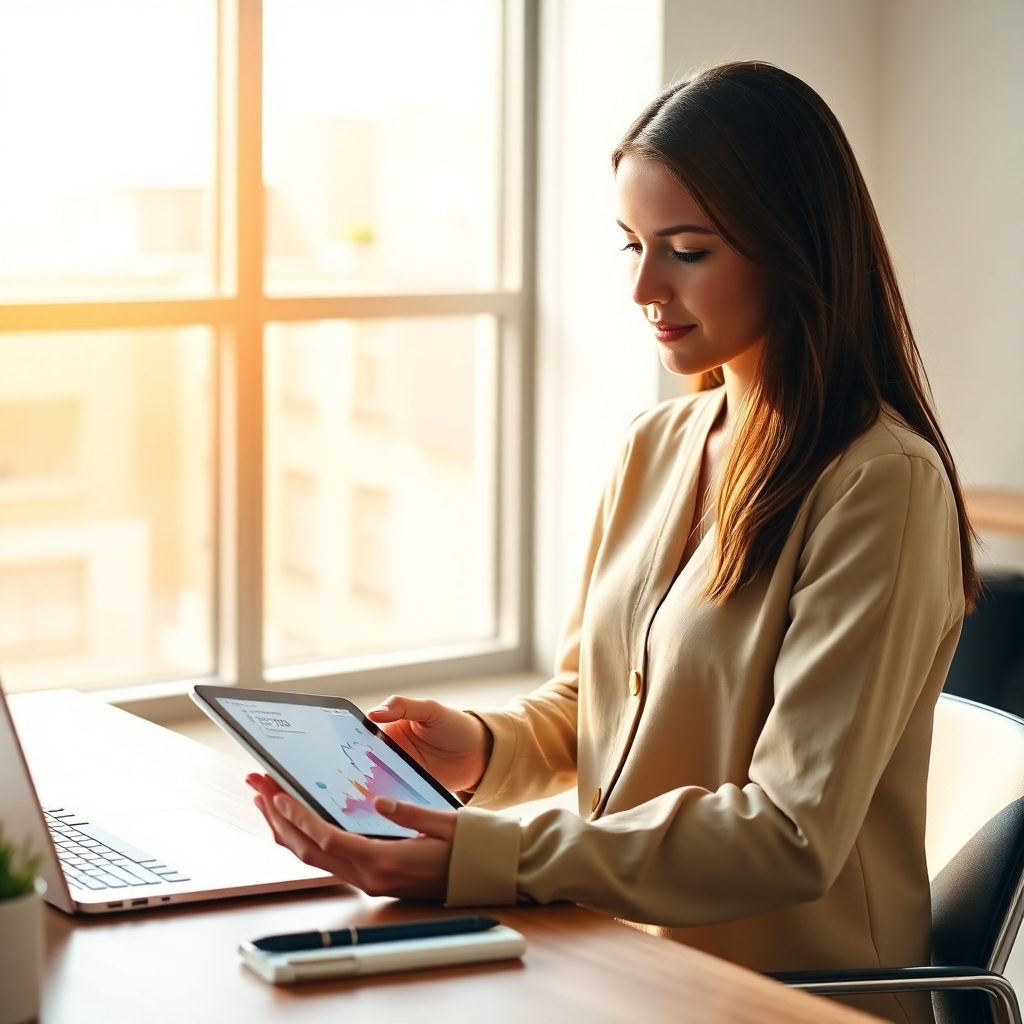 An ultra-high definition image depicting a young, professional woman sitting in a brightly lit, modern office, attentively looking at a tablet displaying various social media analytics. The lighting is bright and natural, streaming in from a large window, creating a clean and optimistic mood. The color palette consists of vibrant yet harmonious colors, reflecting energy and professionalism. The image is taken from a slightly elevated angle, focusing on the woman and the tablet. Textures include the soft fabric of her clothes, the smooth surface of the tablet, and the subtle grain of the wooden desk. A laptop and stylish stationery are subtly placed on her desk, reinforcing a sense of professionalism. The style is inspired by the clean, bright aesthetics of contemporary advertising photography. The image should exude creativity, professionalism, and successful social media management. The tablet displays impressive growth statistics and positive engagement metrics.  The background features sleek minimalist office furniture.
