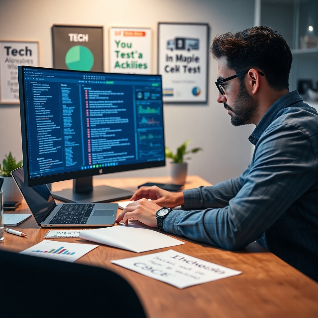 A close-up view of a professional web developer sitting at a modern desk cluttered with sketches and notes. The developer is analyzing a computer screen displaying error codes and website performance metrics. The setting is illuminated with soft diffused lighting, creating a calm working atmosphere. The color palette is predominantly blue and gray, with hints of green for a tech-savvy feel. The focus is on the developer whose expression shows concentration and problem-solving. The camera angle is slightly above eye level, featuring a shallow depth of field to emphasize the screen and the developer. Textures include a sleek wooden desk and the shiny surface of the laptop. The background showcases motivational tech posters and a small plant for a touch of nature. In the style of hyperrealistic photography, aiming for 8K resolution with ultra-detailed elements.