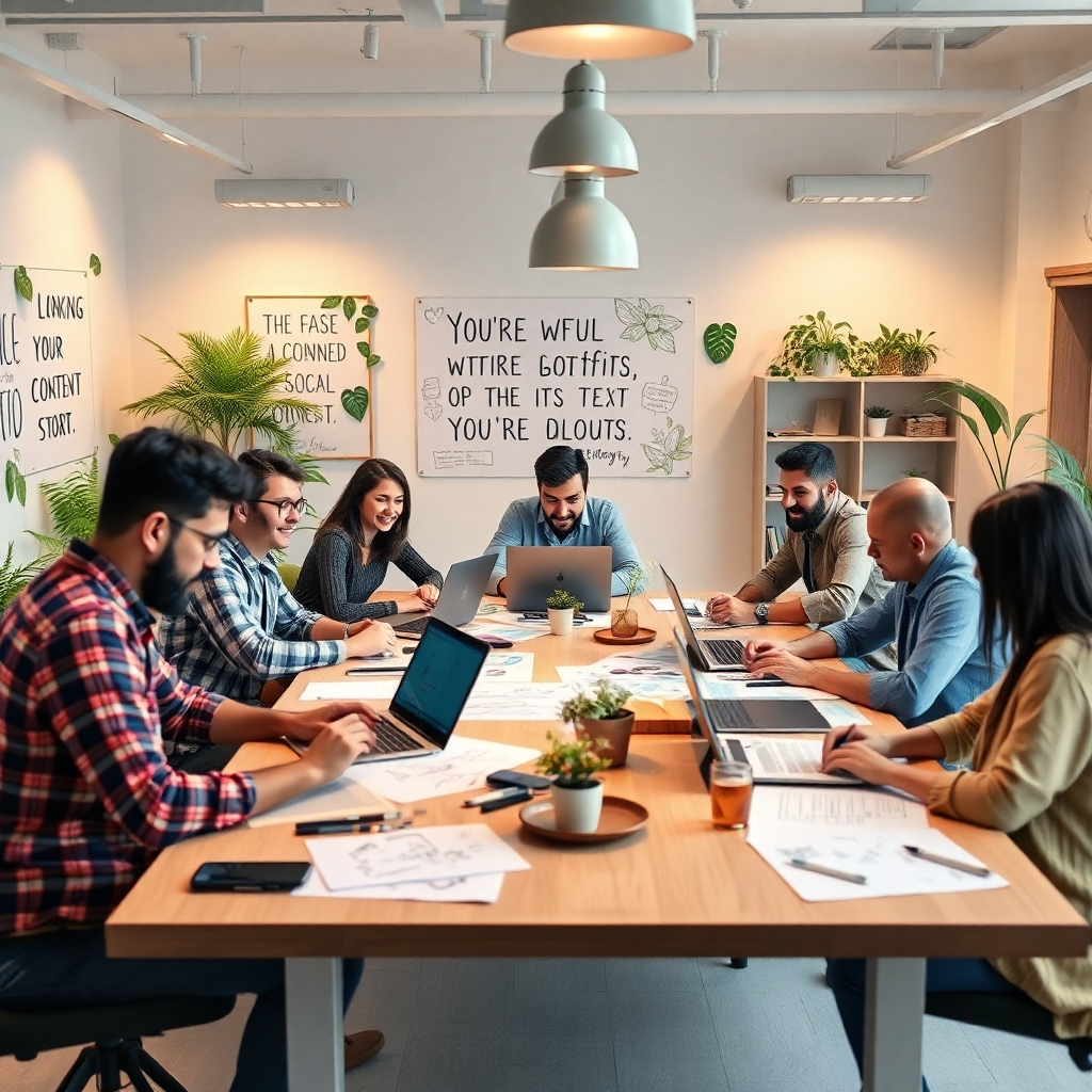 A creative content development environment, featuring a diverse team of content creators working passionately around a large table with laptops, sketches, and storyboards, surrounded by inspiring quotes and nature-themed decorations in a bright office space.