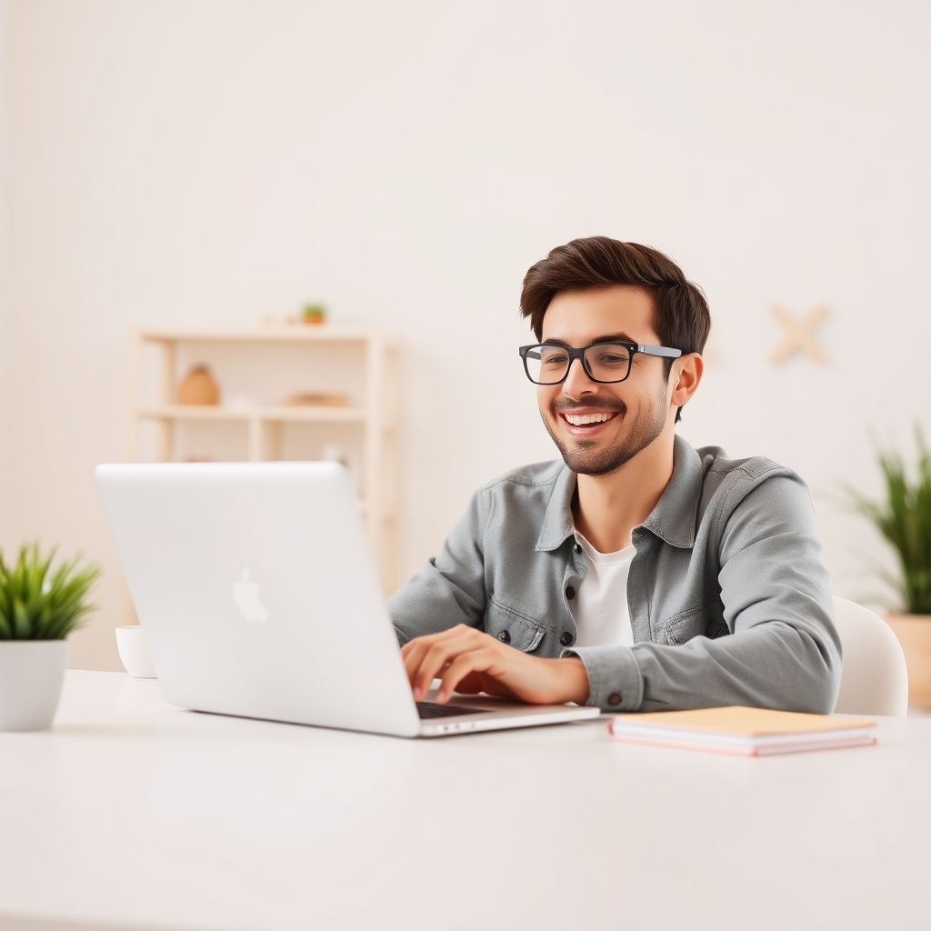 A creative image showing a user happily setting up a WordPress theme on a laptop. The surroundings are bright and user-friendly, highlighting simplicity in website creation. The color palette features soft pastels, evoking joy and ease. The angle captures the user's excitement as they explore the setup process.