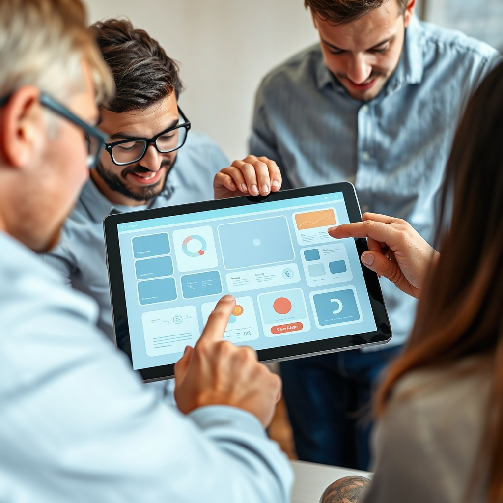 A creative image showing attractive user interface designs displayed on a tablet. A team of designers reviews the designs together, pointing out unique elements. The study's environment is contemporary, with light pastel colors creating a friendly vibe. The camera is angled to include both the designs and the collaborative aspect of teamwork. Textures of the tablet and touch points are highlighted, enhancing the sense of tech and creativity.