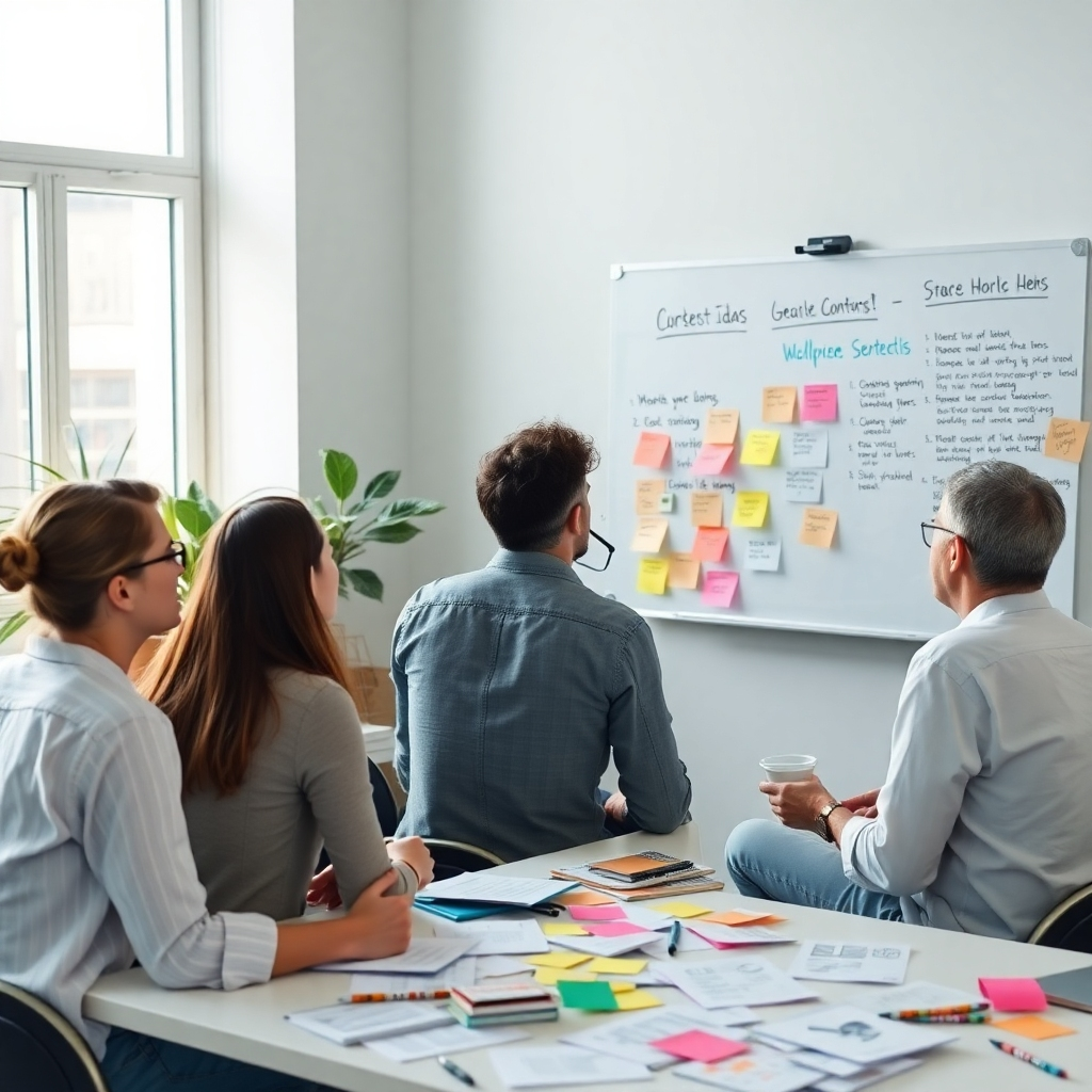 A creative team brainstorming ideas in a bright, modern office. Various papers and sticky notes with content ideas scattered around, showing diversity in thoughts, and a whiteboard with strategies for engaging WordPress content.