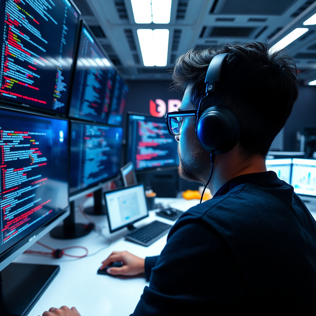 A detailed image depicting advanced technology in web development. Multiple screens show code and architectural diagrams, while a developer is seen in deep concentration. The space is bright with modern features, reflecting innovation. The color scheme combines dark with bright accents to focus on the technology. The camera captures an angular perspective, highlighting both the screens and the developer's engagement.