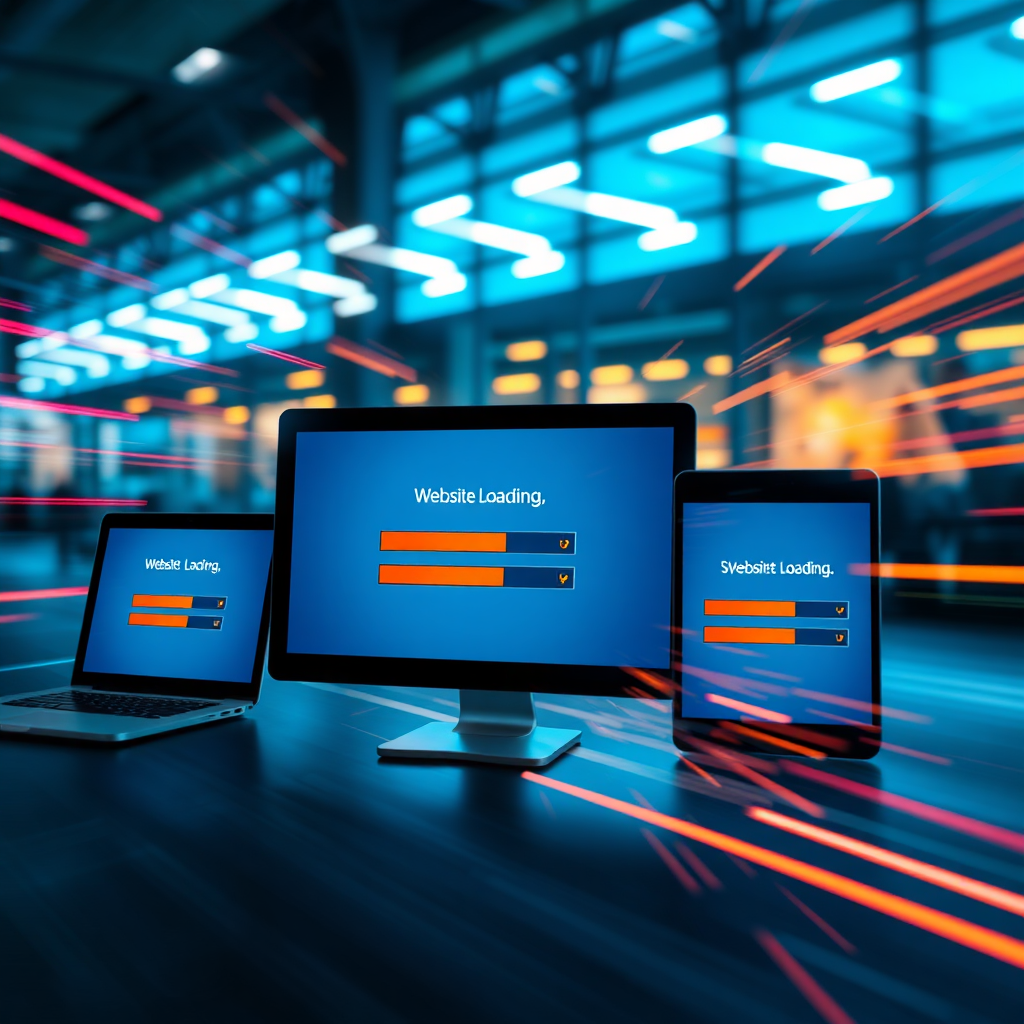 A dynamic image illustrating the speed of website loading on multiple devices simultaneously. The screens show fast loading bars finishing quickly. The setting is modern with inspired technology lighting creating excitement. The color palette employs bright colors suggesting energy and performance. The camera captures the action in motion, emphasizing speed and efficiency.