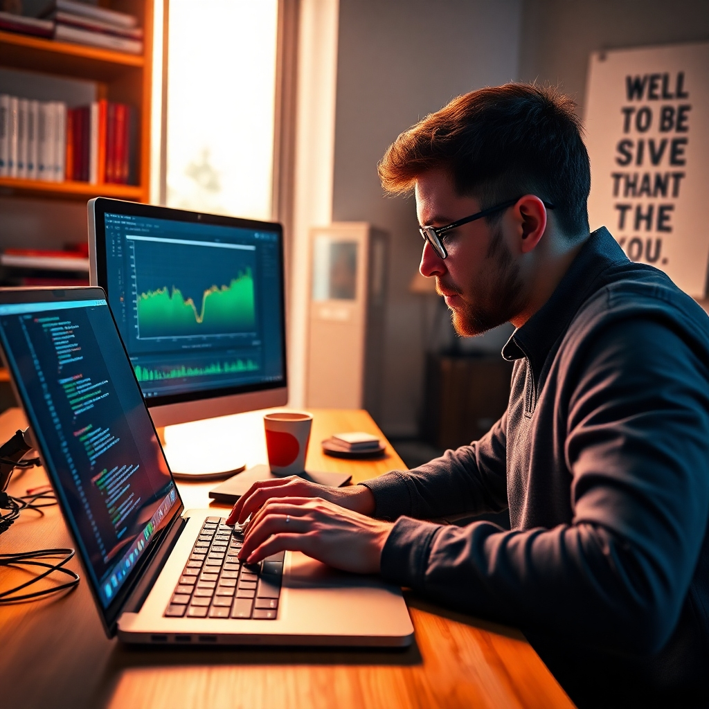 A dynamic image of a web developer adjusting code on a laptop while analyzing website speed performance graphs on a nearby monitor. The scene is set in a modern, well-lit workspace with dramatic side lighting highlighting the developer's focused expression. The color palette features cool blues and warm oranges, representing technology and energy. The camera angle is side-view, showcasing the laptop keyboard and the clarity on the monitor. Textures include the matte finish of the laptop and the smooth glass surface of the monitor. A cup of coffee sits beside the laptop, suggesting a busy work session. The background includes shelves with tech books and a prominent inspirational quote on a canvas. Aiming for a hyperrealistic style in 8K resolution with meticulous details.