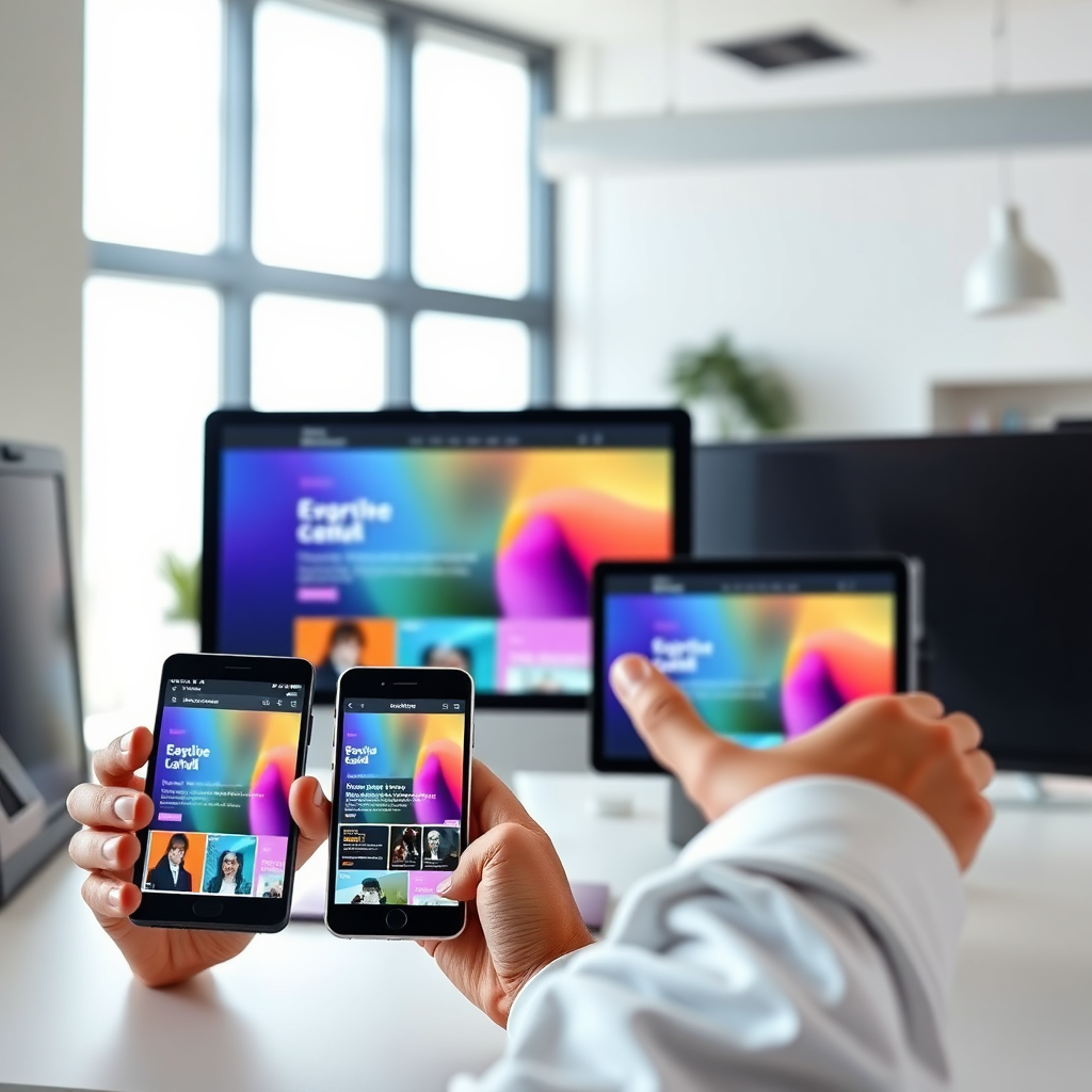 A modern image depicting a responsive design showcased on devices of various sizes—smartphones, tablets, and desktops. A designer demonstrates the adaptability on all screens in a beautifully lit workspace. The color palette is bright and engaging, emphasizing versatility. The camera angle captures the simultaneous use of all devices, stressing responsiveness. Textures displayed include smooth finishes and clear displays that reflect modern technology.