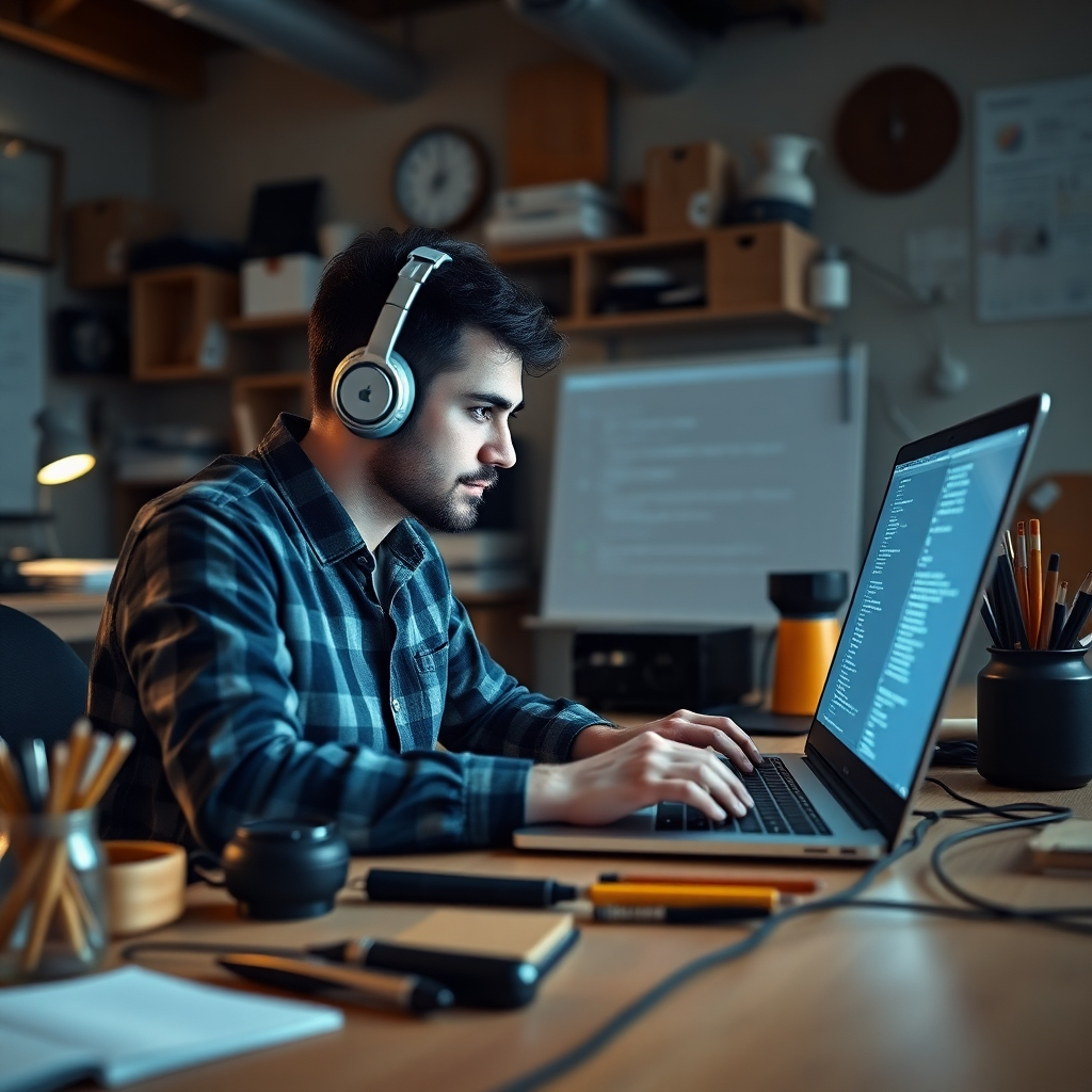 A modern workspace showcasing a developer focusing on a laptop with code on the screen, surrounded by tools and updates about WordPress technology. Highlight the tension between traditional methods and new advancements.