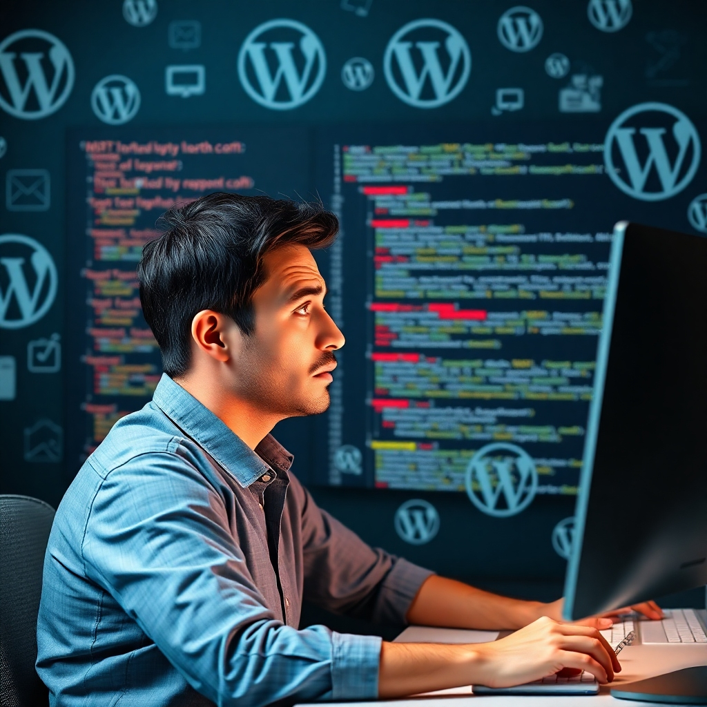 A person sitting at a computer, looking confused while viewing website code on the screen, with HTML and CSS elements highlighted. The background includes various WordPress-themed design elements, creating a sense of digital learning and challenge.