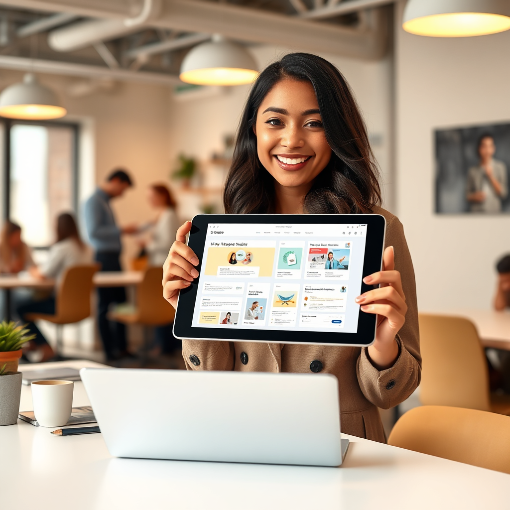A photorealistic image depicting a web designer presenting a variety of website mockups on a digital tablet. The scene is in a bright office with a modern aesthetic. The designer, a young woman of mixed descent, is smiling while explaining the designs. The background features a collaborative workspace with other designers brainstorming ideas. The color palette of the image includes warm tones to evoke creativity. The camera captures a close-up view of the tablet and the designer's expressions, showcasing engagement and excitement.