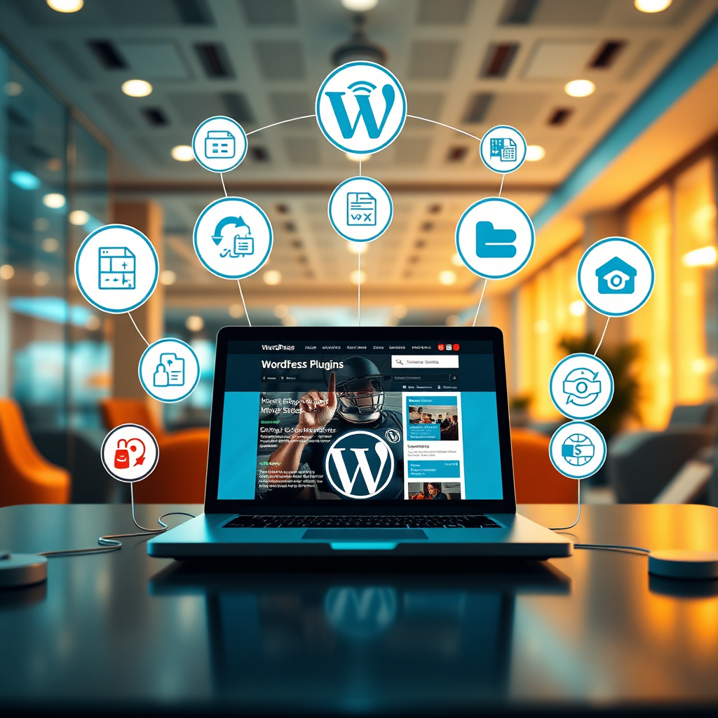 A photorealistic image depicting various functionality icons representing plugins around a central laptop displaying an active WordPress website. The surroundings are modern and filled with ambient lighting, reflecting a digital atmosphere. The color choices are engaging and warm. The camera focuses on the laptop and the surrounding icons, showcasing a lively plugin environment.