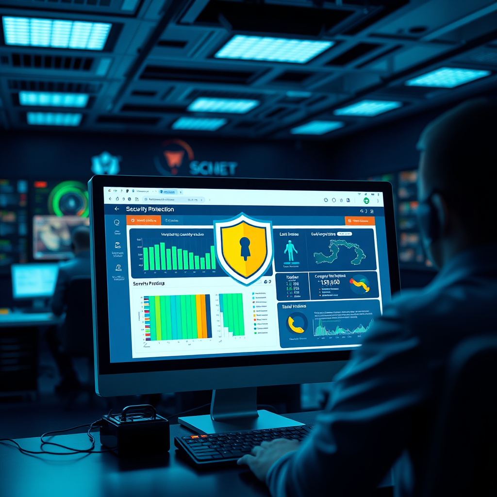 A photorealistic image depicting a secure digital environment with a focus on cybersecurity. A computer screen displays a security dashboard monitoring website protection. The background represents a high-tech security operations center with personnel actively monitoring data. The lighting is cool and sleek, emphasizing professionalism. The color palette features strong contrasts of dark blues and greens, associated with safety and protection. The camera angle is slightly elevated, providing an overview of the monitoring technologies in use.