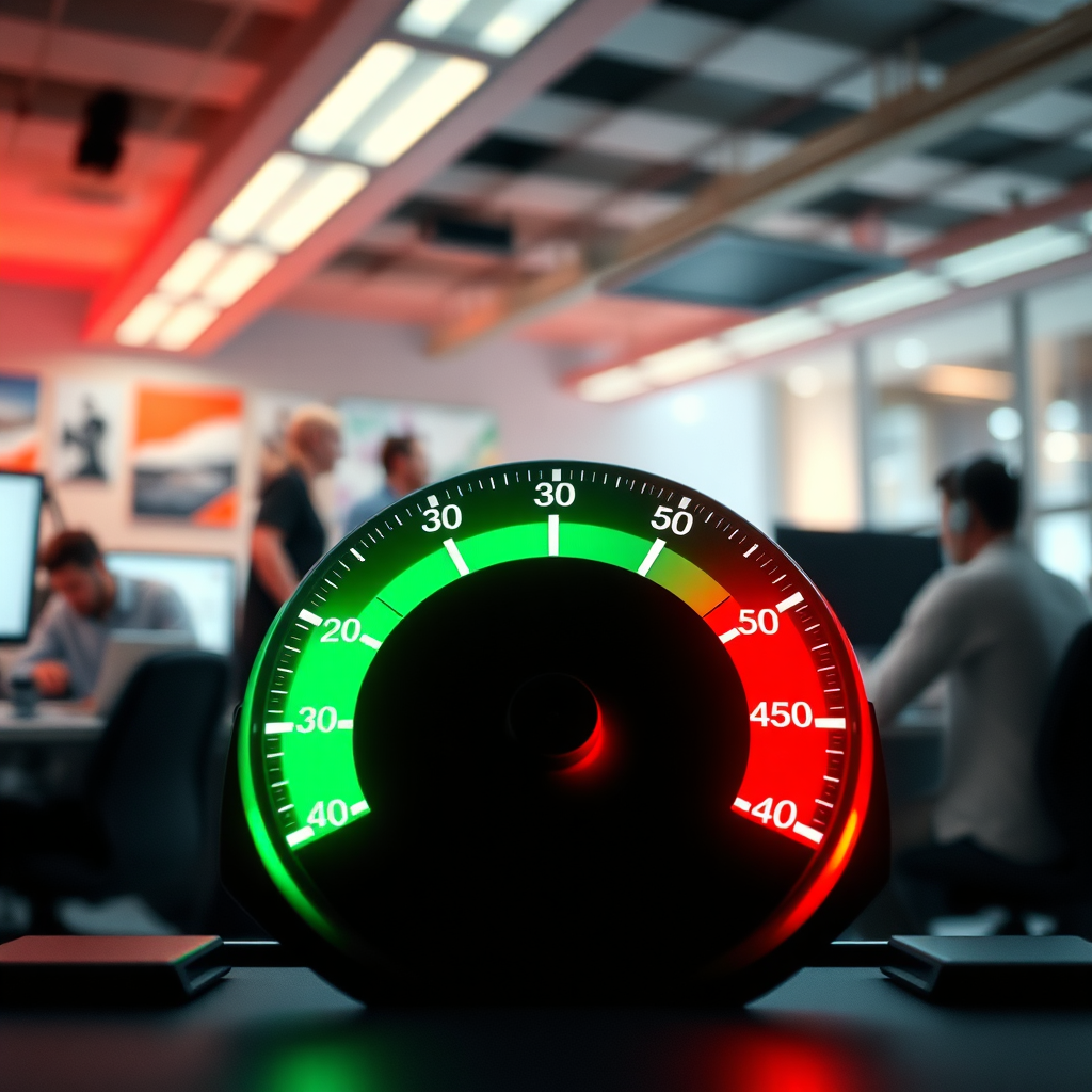 A photorealistic image illustrating a speed meter increasing rapidly, symbolizing website access speed. The background includes visuals of a busy office environment with team members focused on web development. The lighting is dynamic, projecting energy and motion. The color palette consists of red and green hues, representing speed and performance. The camera angle is low and focused on the speed meter to convey urgency and effectiveness.