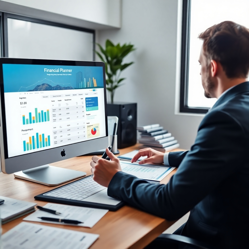 A photorealistic image of a financial planner working at a desk with spreadsheets and budgeting tools, next to a computer displaying a WordPress website mockup, illustrating resource management and project prioritization.
