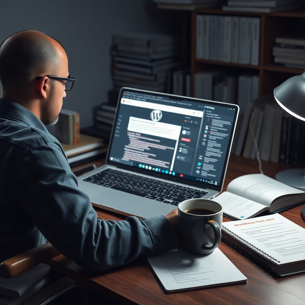A photorealistic image of a web developer at a desk troubleshooting a WordPress website on a laptop, surrounded by technical books, with a notepad filled with notes on common WordPress errors, and a coffee cup, depicting a focus on problem-solving.