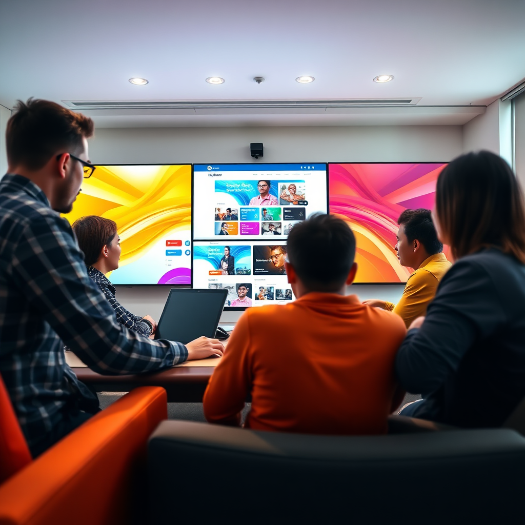 A photorealistic image representing the essence of 'Jasa Pembuatan Website Wordpress Terbaik & Termurah'. The composition shows a diverse team of developers and designers collaborating over a website project on large screens displaying vibrant web designs. The lighting is bright and spacious, creating a sense of innovation and teamwork. The color palette combines bright and uplifting colors, enhancing creativity and modernity. The camera angle is at an eye-level perspective to engage viewers. Textures in the scene include sleek screens and comfortable office furniture, enhancing professionalism. Style references suggest a modern office environment. Technical specs should be high-quality 4K resolution, allowing for clear visibility of the teamwork and creativity.