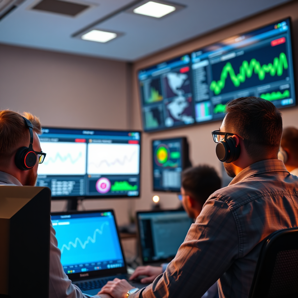 A photorealistic image showcasing a web admin team working on website maintenance in a tech environment. Multiple screens show website analytics, performance monitoring, and updates being applied live. The lighting is warm and inviting, suggesting a collaborative workplace. The color palette emphasizes blues and greens, symbolizing reliability. The camera captures a close-up of one screen showcasing positive analytics, indicating a well-maintained website.