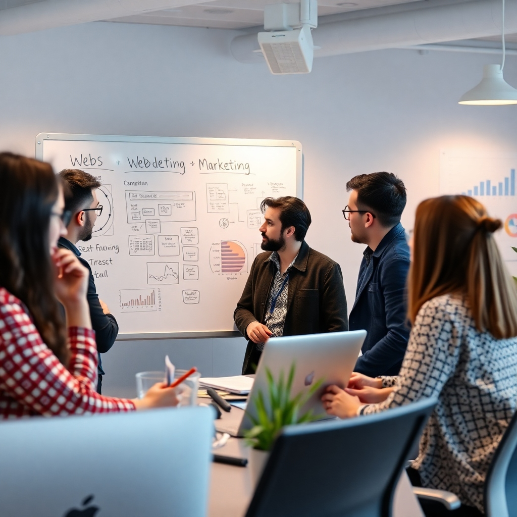 A photorealistic image showing a busy agency office with team members collaborating, brainstorming ideas on a whiteboard, focusing on innovative web design and marketing strategies, with charts and competition analysis visible in the background.