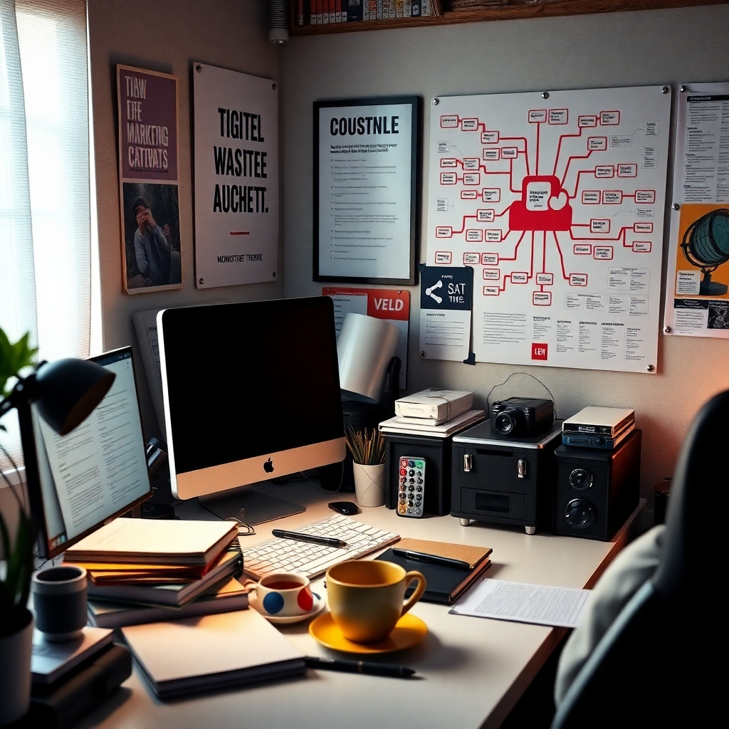 A small digital marketing agency workspace, showing a cluttered desk with a computer, notebooks, and coffee cups. The atmosphere should convey a tight budget feel, with posters of motivation and a map of WordPress website ideas on the wall. The room should look cramped yet creatively vibrant.