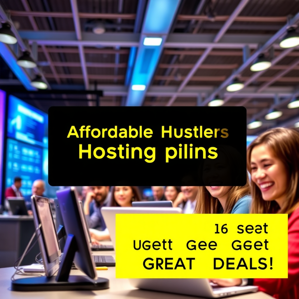 A stylized image highlighting affordable hosting plans displayed on a bright digital board. Background features users browsing the web with smiles, signifying satisfaction. The lighting is vibrant, emphasizing an optimistic mood. The camera angle is wide to include the environment showcasing happiness in getting great deals.