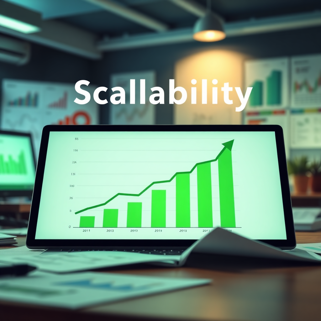 A stylized image represents scalability through a growing chart on a digital screen. The backdrop portrays a tech-savvy workspace filled with graphs and strategy plans. The lighting emphasizes growth, with green hues suggesting positive progress. The camera captures a slightly upward angle that focuses on the chart's dynamic increase. Textures relate to paper and digital screens merging, signifying business evolution in the digital age.