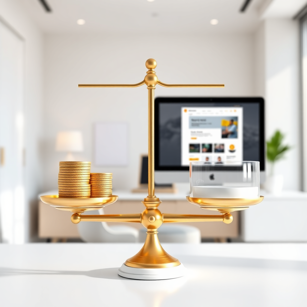 A stylized image showing a balance scale, one side with stacks of coins and the other with a high-quality website displayed on a computer screen. The setting is a minimalistic office with a clean design. The balance scale symbolizes affordability and quality with a clear aesthetic. Natural lighting highlights the elements of the composition, promoting a feeling of trust. The color scheme uses golds and whites to indicate value and quality. The camera captures the right angle to emphasize the balance between cost and excellence.