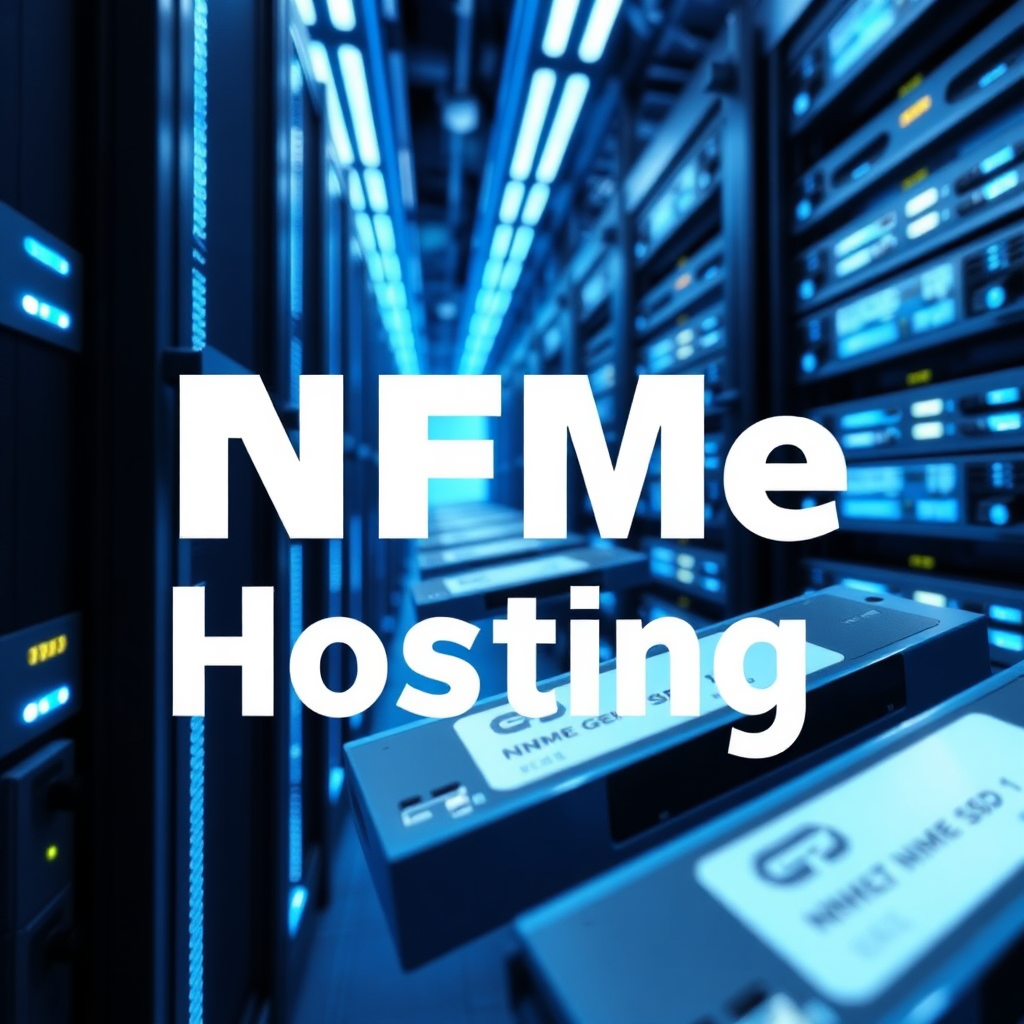 A stylized image showing a futuristic server room filled with NVMe Gen4 SSD drives. The room is illuminated with blue LED lights, creating a tech-savvy atmosphere. The drives are displayed prominently, showcasing their sleek designs. The composition is captured from an angle that emphasizes the depth of the server racks, highlighting the advanced technology. The color palette is dominated by blue and silver tones, symbolizing speed and efficiency. The image relates closely to web hosting and performance.