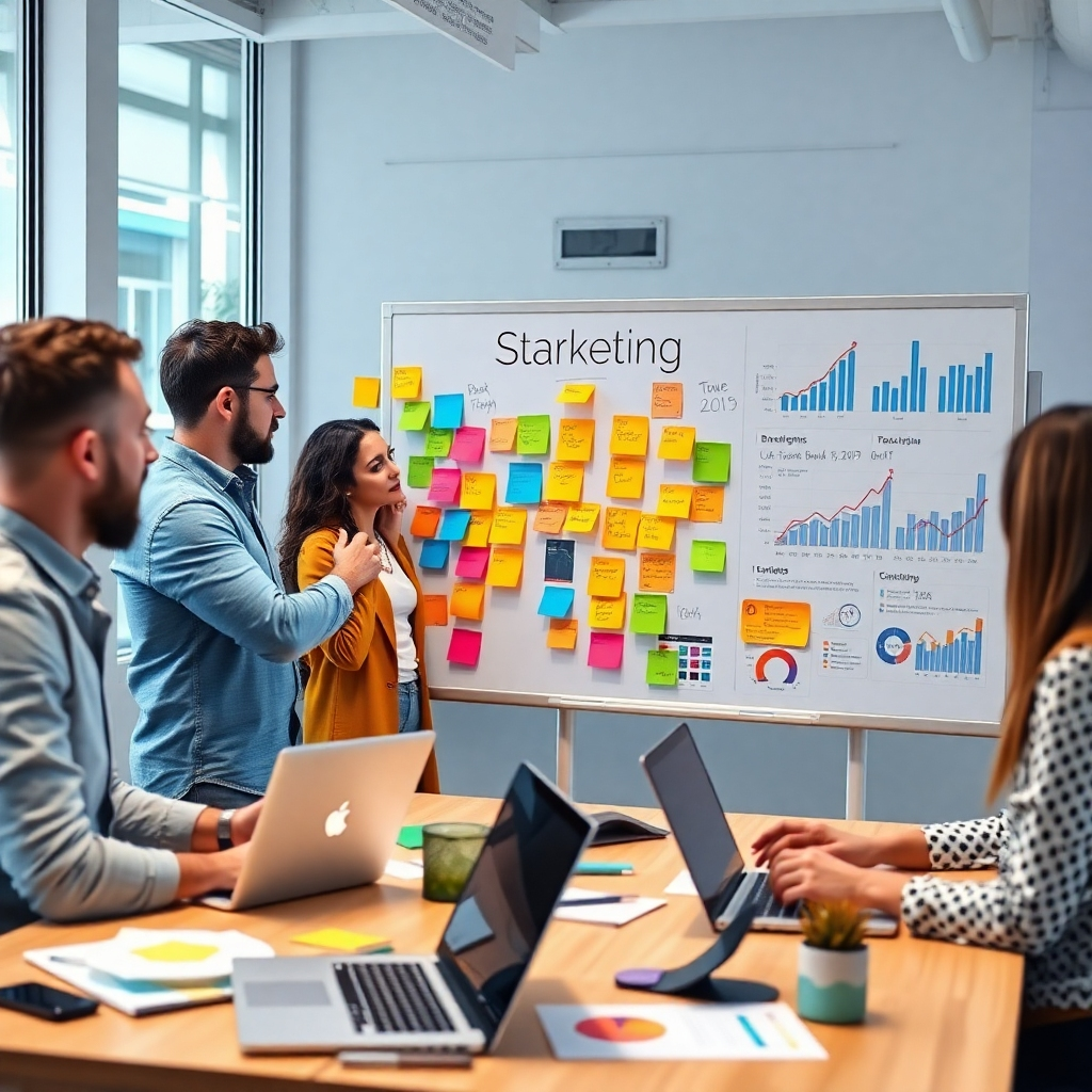 A vibrant and dynamic marketing strategy scene, showcasing a diverse group of digital marketers brainstorming ideas on a whiteboard, with colorful sticky notes, laptops, and graphs displaying digital metrics in a modern office environment.