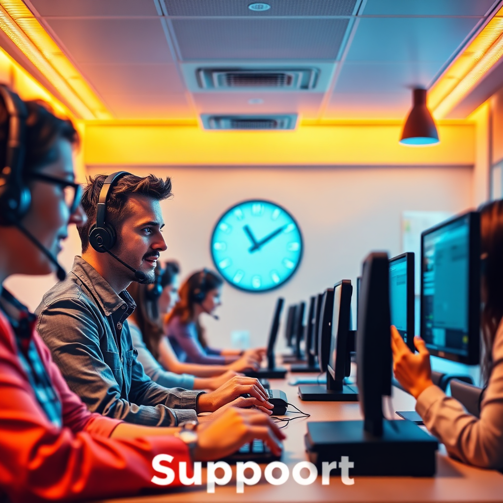 A vibrant image depicting a round-the-clock support center filled with attentive staff ready to assist. The atmosphere is bright and friendly, suggesting a helpful environment. Lighting is warm, creating a welcoming feeling. The colors evoke trust and professionalism. The camera captures the action showcasing teamwork in providing support.